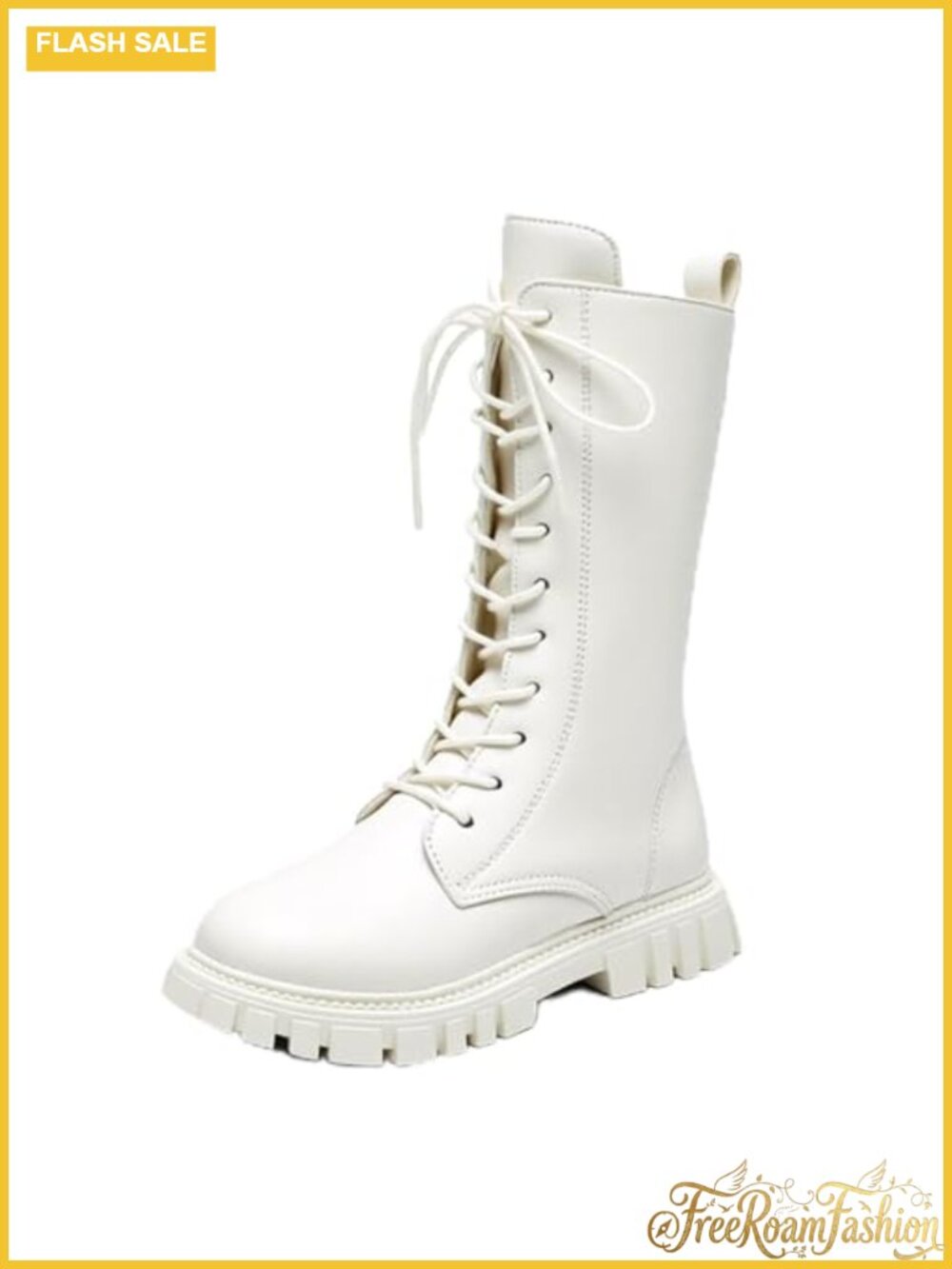 Faux Leather Mid-Calf Combat Boots Lace Up Lug Sole Side Zipper